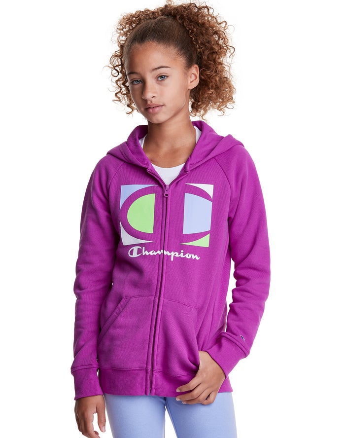 Champion Girls Hoodie NZ - Full Zip Colorblock C Logo Purple ( 7241-JXFNT )